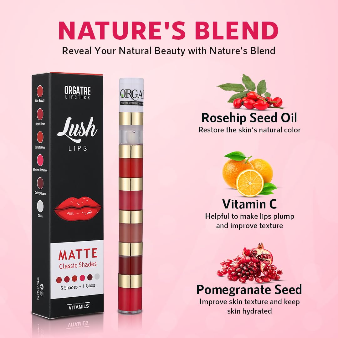 Orgatre 5-in-1 Liquid Lipstick | Waterproof Matte & Gloss | Classic Shades | Smudge-Proof, Non-Drying, Hydrating | Highly Pigmented & Long-Lasting