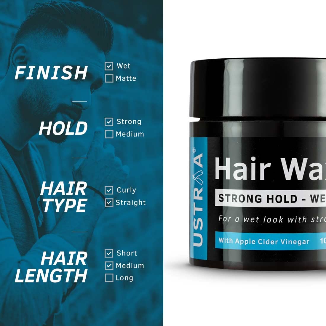 Ustraa Strong Hold Hair Wax For Men- Wet Look - 100g - Non-greasy wax, Easy-to-Wash, Strong Hold, Glossy & Shiny Finish, Wet Italian-look without harmful chemicals