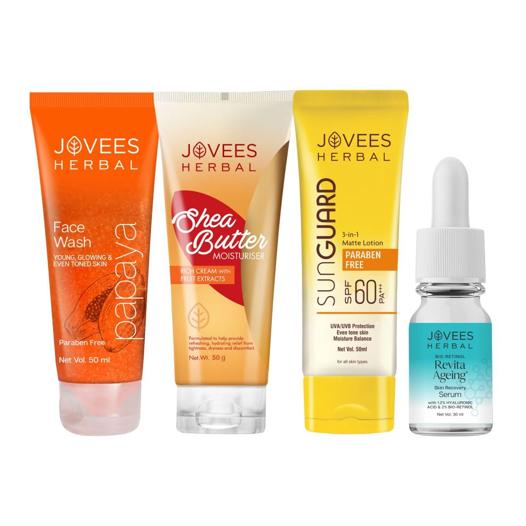 Jovees Herbal Papaya Face wash (50ml) + Shea butter Moisturiser (50g) + Sun Guard lotion SPF 60 PA+++ (50ml) + Bio-Retinol Revita Ageing Serum (30ml) Set Of 4
