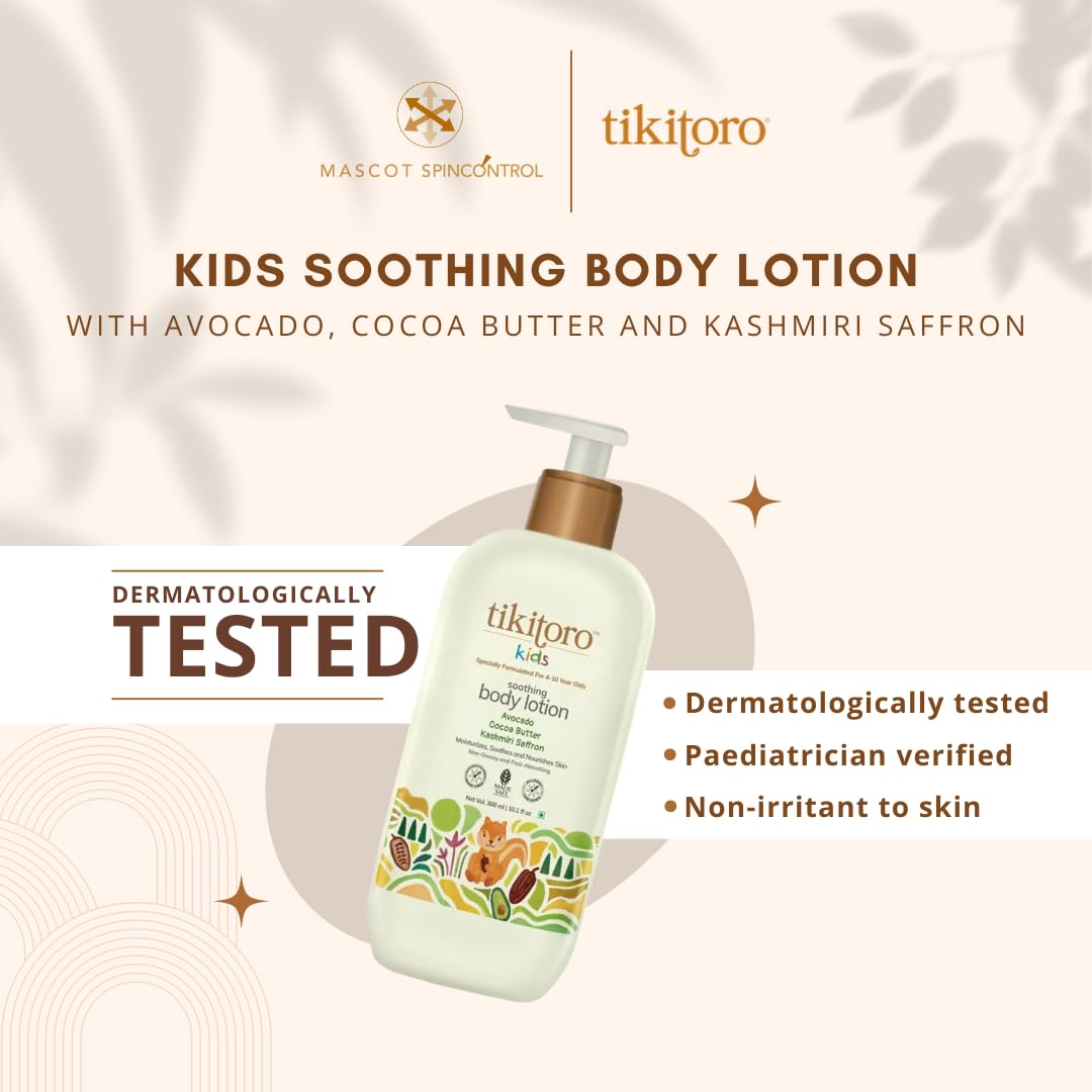 Tikitoro Kids Soothing Body Lotion | Pediatrician Approved | Moisturizes, Soothes & Nourishes Skin |100% Vegan with Avocado, Cocoa Butter, Kashmiri Saffron Extract |Daily Use (Age: 4+ Years) (300 x 2)