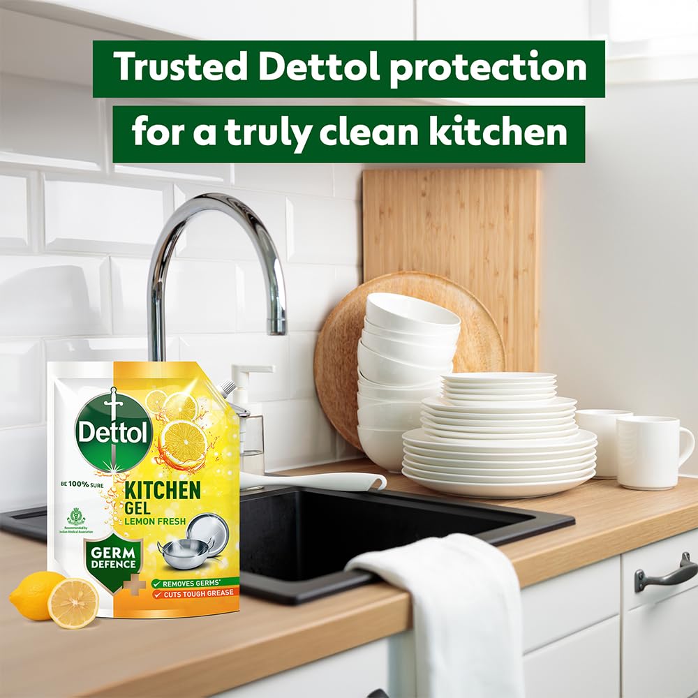 Dettol Lemon Fresh Dishwash liquid and Kitchen Gel || Cuts Tough Grease || Remove germs || 1500ml, (Refill Pack)