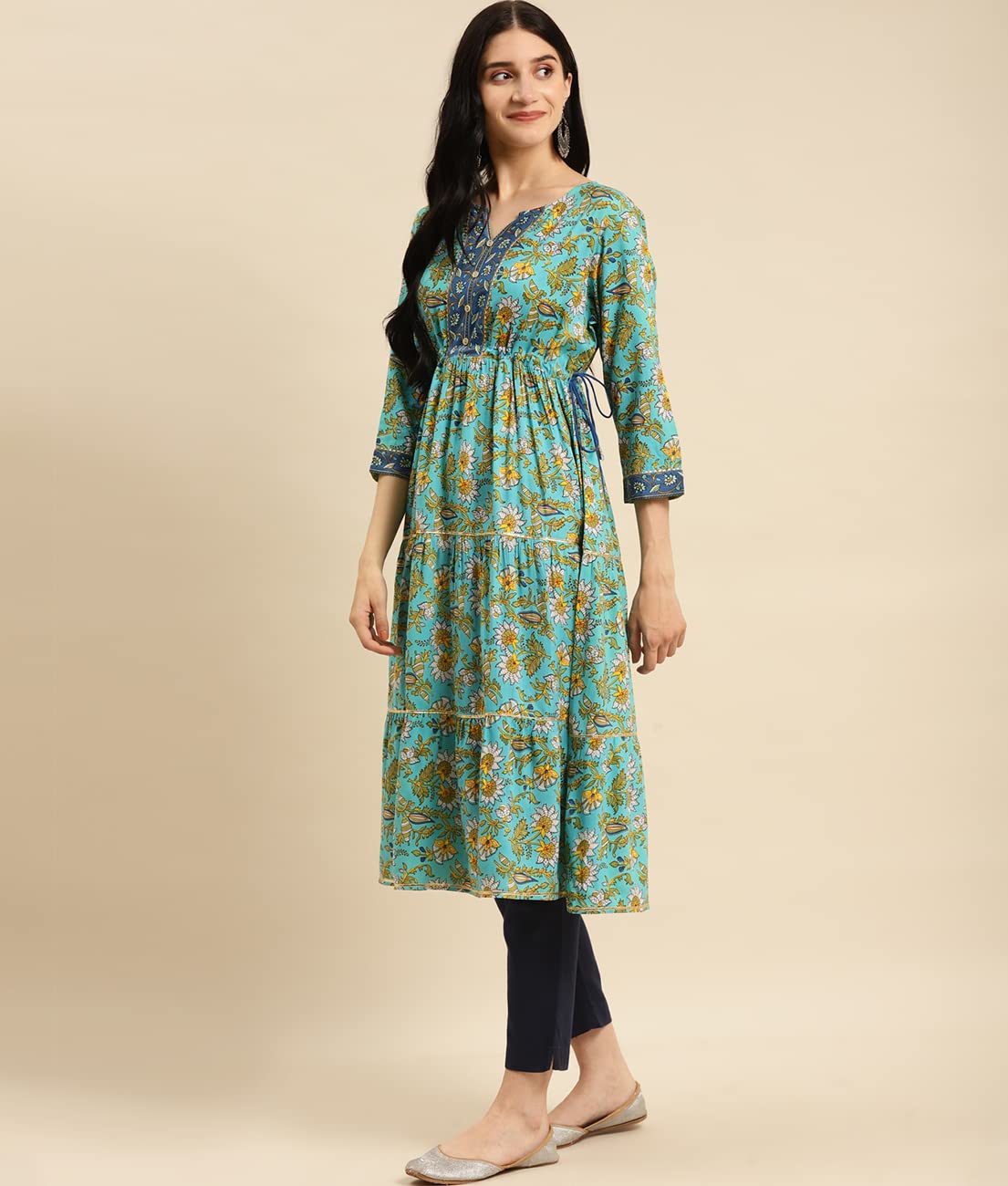 rangita Women Rayon Floral Printed Calf Length Tiered Kurti with Contrast Placket and Side Tie Ups