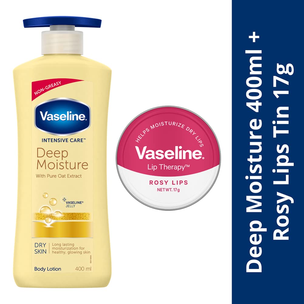 Vaseline Deep Moisture Lotion, 400ml with Vaseline Rosy Lip Tin, 17g for Moisturized Skin & Sheer Pink Tint