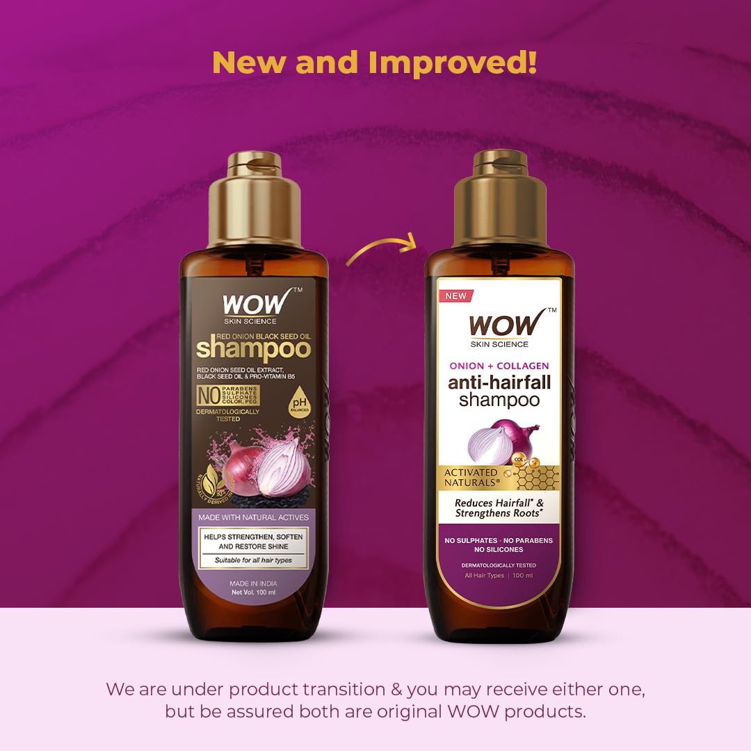 WOW Skin Science Red Onion Black Seed Oil Shampoo with Red Onion Black Seed Extract, Controls Hair fall, Contains Black Seed Oil & Pro-Vitamin B5 | No Paraben | No Sulphate | For Men & Women- 100ml