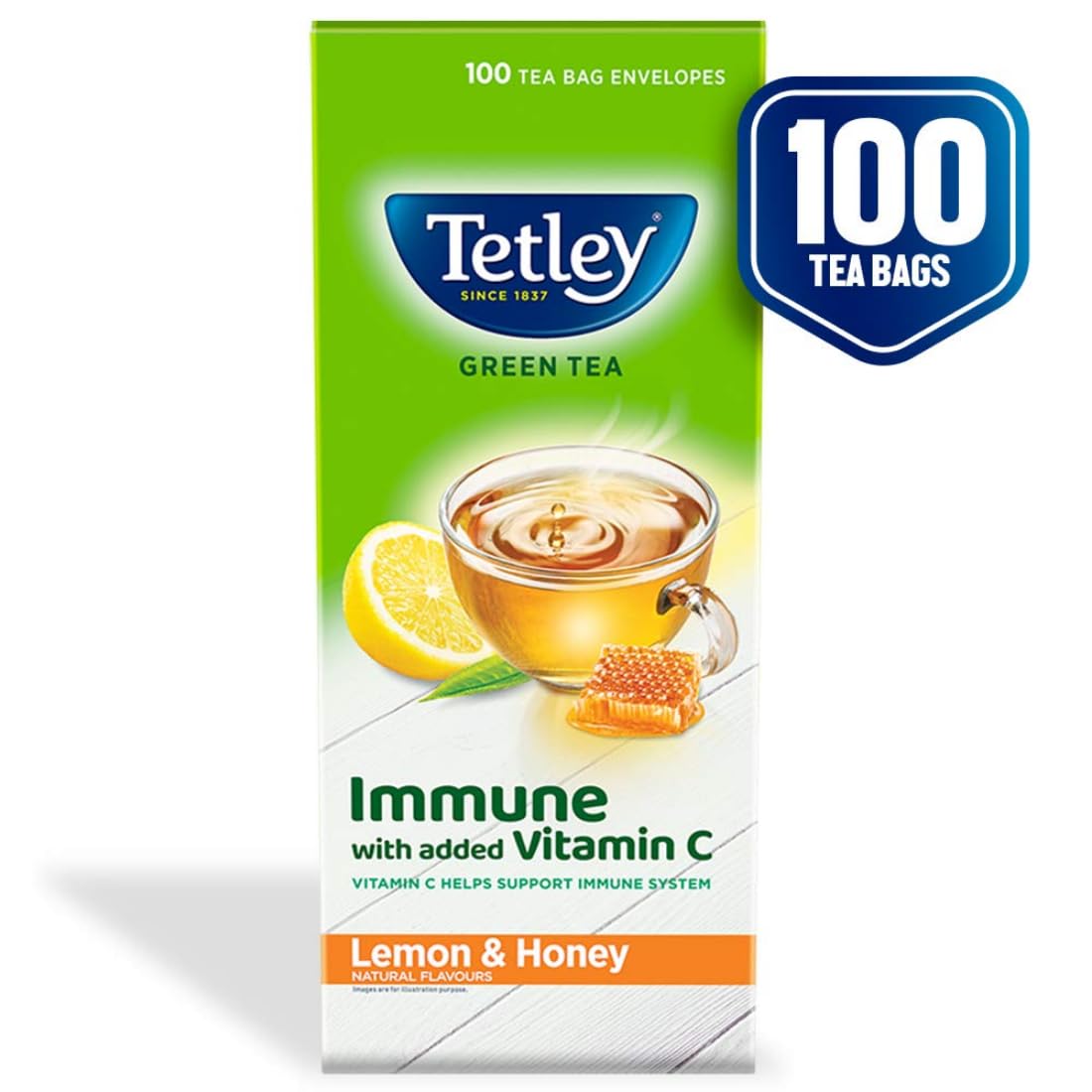 Tetley Green Tea, Lemon And Honey, 100 Tea Bags, 140 Grams