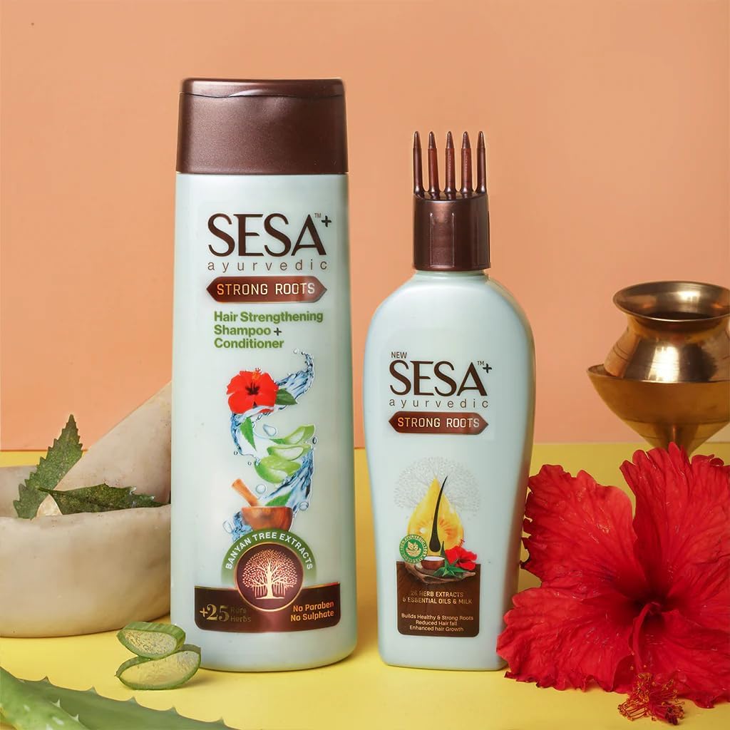 SESA Ayurvedic Strong Roots Hair Care Combo With Hair Strengthening Oil (200Ml) And Shampoo + Conditioner (200Ml) For Men & Women | Paraben-Free