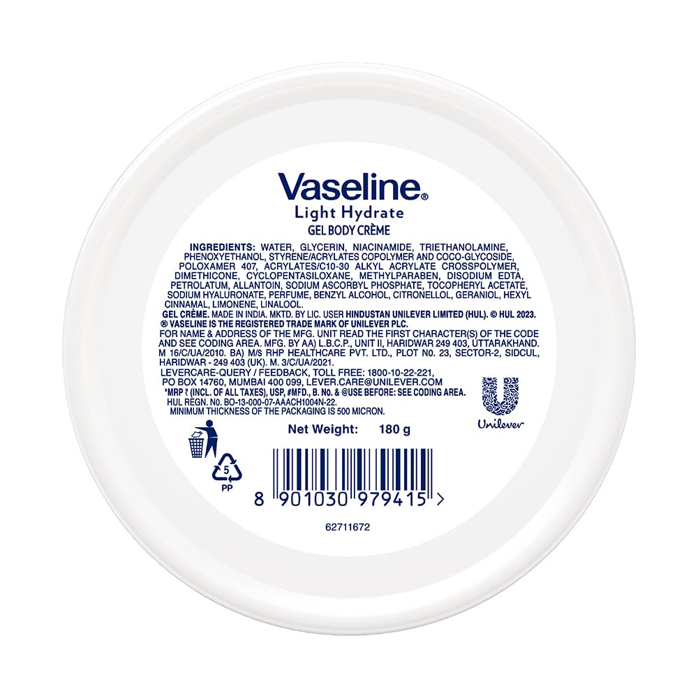 Vaseline Light Hydrate Gel Body Creme, 180 g. Hyaluronic Acid & Vitamin C for Hydrated, Radiant Skin
