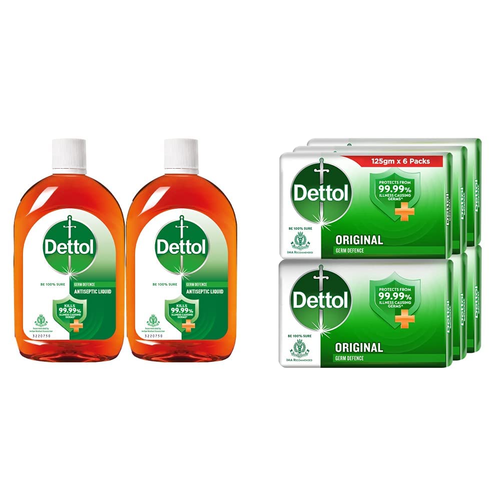 Dettol Antiseptic Disinfectant Liquid, 550ml (Pack of 2) & Dettol Bathing Soap Original, 125gm, Pack of 6
