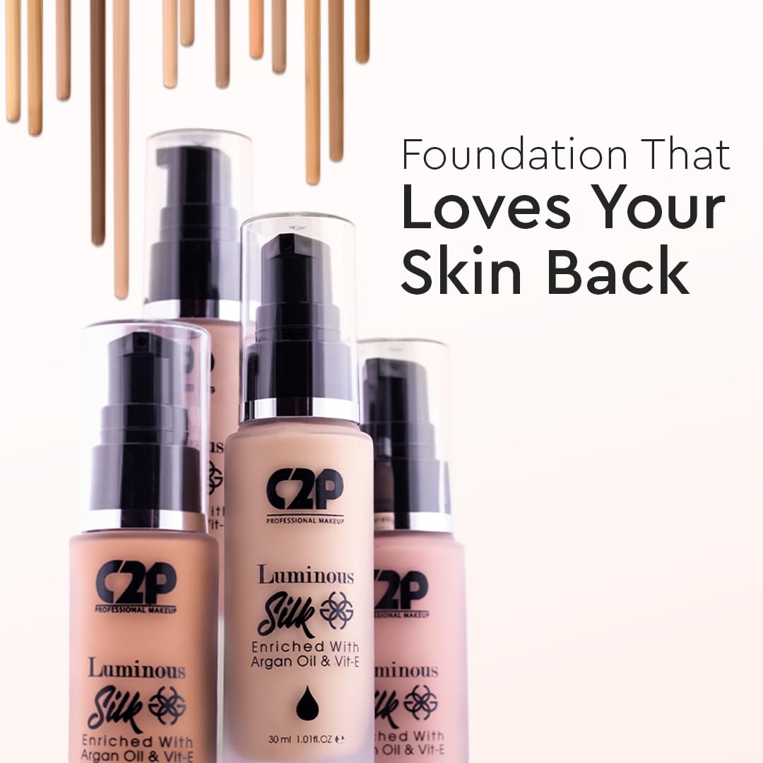 C2P Pro Luminous Silk Liquid Foundation For Women Face Makeup DARK 14, 30 ml | High Coverage For Dry Oily Combination Natural Glowing Skin | Waterproof Long Lasting | Argan Oil & Vitamin E