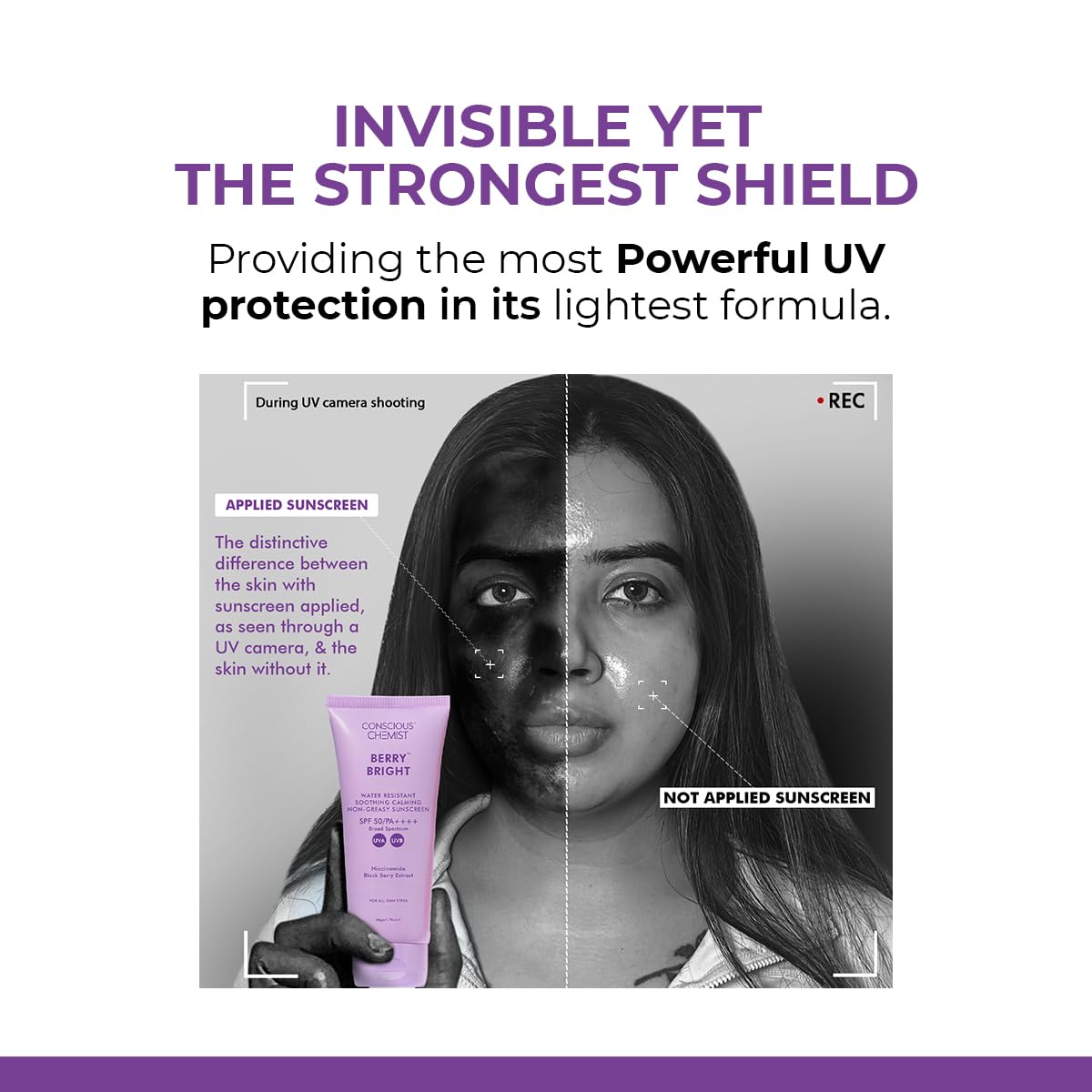 Conscious Chemist® Sunscreen SPF 50 PA++++ | 20g | For Oily Skin, Gel Sunscreen, Niacinamide Sunscreen with Black Berry Extract, Hybrid Lightweight, Water Resistant, All Skin Types - Berry Bright