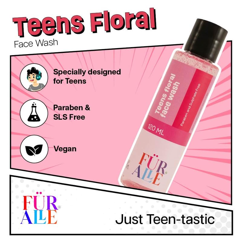 FurAlle Teens Floral Face Wash 120ml | Enriched with Aloe Vera, Purple Orchid, Oats & Avocado | Gentle Daily Cleanser for Boys & Girls | Fresh & Clean Skincare for Boys & Girls