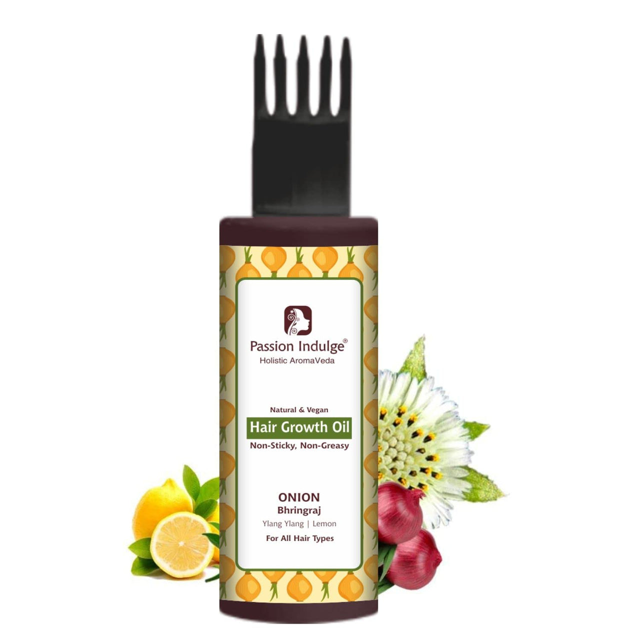 Passion Indulge Onion & Bhringraj Hair Growth Oil | Non Sticky & Non Greasy | Natural & Vegan | Bhringraj, Ylang Ylang, Onion, Lemon Oil Extract | All Hair Type -100ml