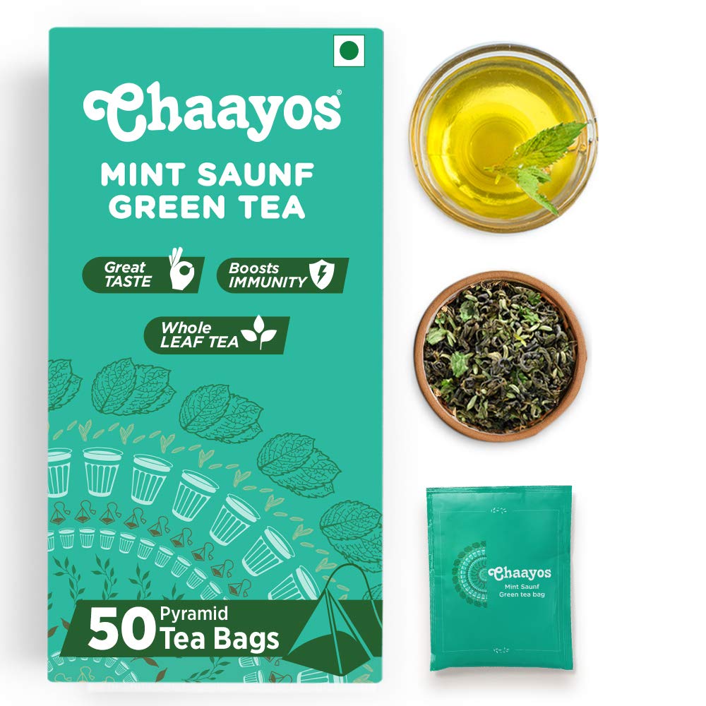 Chaayos Green Tea Bags - Mint Saunf (50 Pyramid Tea Bags) | Spearmint Tea and Fennel Flavoured Green Tea | Mint Green Tea | Herbal Tea | Green Tea Leaves