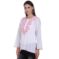 Paramount Women's  Chikankari Cotton White Straight Short Kurta Navy XS