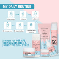 Glamveda Korean Rice & Ceramide 6 Step Daily Skincare Routine For Women with Gift Box | Face wash, Toner, Serum, Under eye cream, Moisturizer & Sunscreen