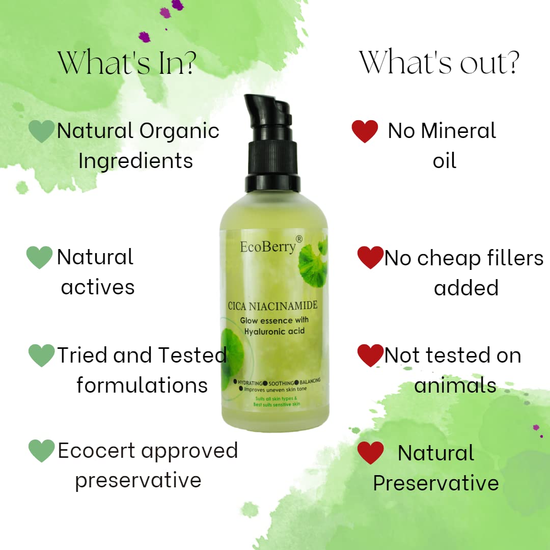 EcoBerry Centella Asiatica (CICA) Niacinamide Glow Essence With Hyaluronic Acid, Oil Free Essence, Moisturizer, Anti-Aging, Brightens Skin, Natural & Handmade, Chemical Free, Paraben Free, Vegan