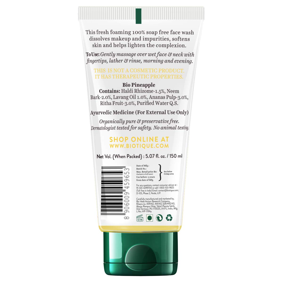 Biotique Bio Neem Purifying Face Wash for All Skin Types, 150ml & Biotique Bio Pineapple Oil Control Foaming Face Wash, 150ml