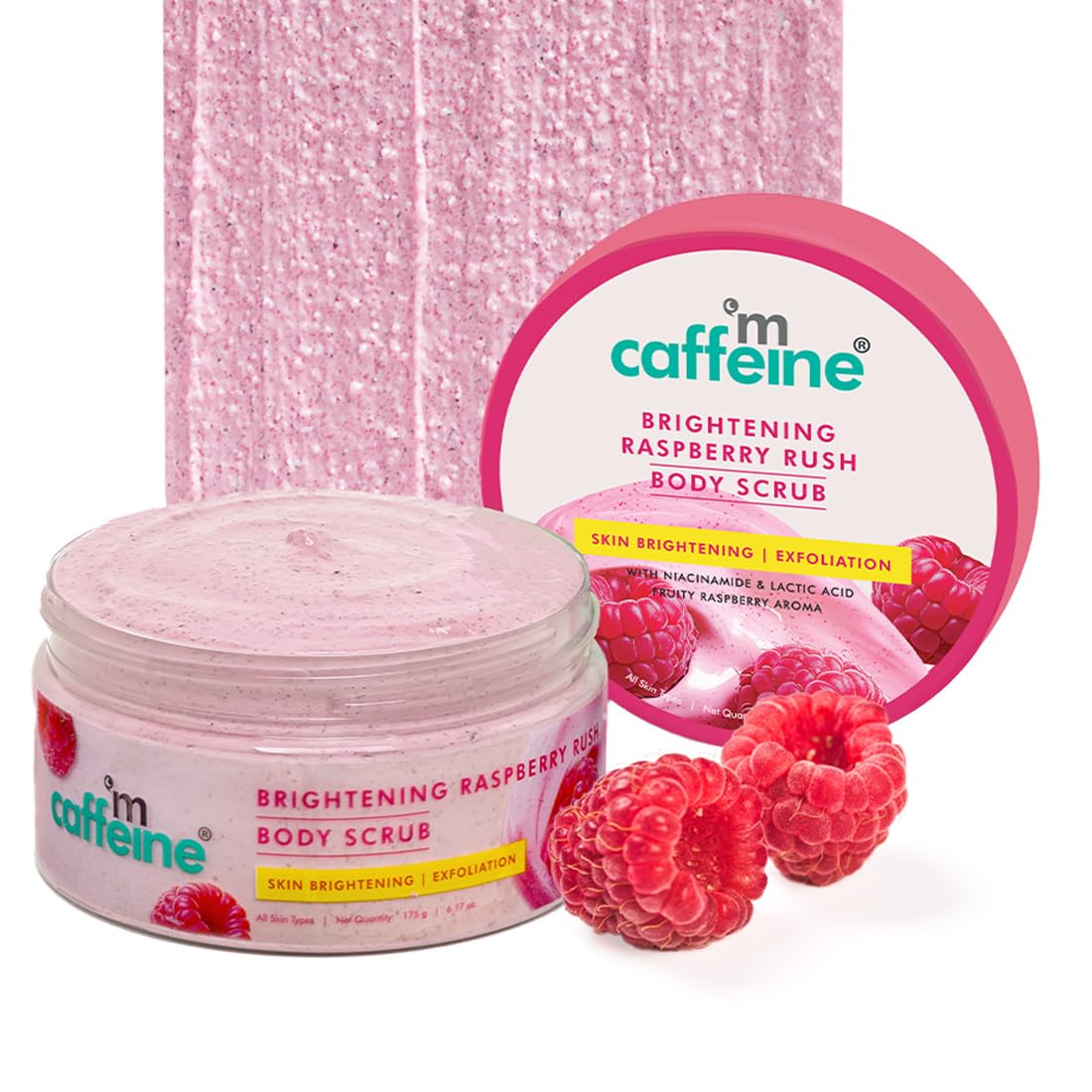mCaffeine Brightening Raspberry Body Scrub | Tan Removal | AHAs - Lactic & Glycolic Acid, Niacinamide | Vitamin C Rich for Brighter, Soft Skin | Remove Dry, Dead Skin | Fruity Berries Aroma - 175g