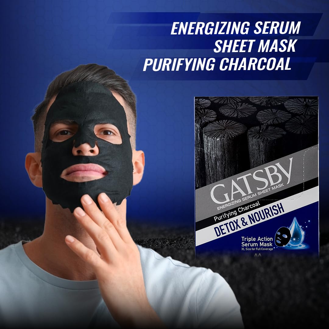 Gatsby Energizing Serum Sheet Mask - Purifying Charcoal | Detox & Nourish | Activated 100% Natural Bamboo Charcoal Sheet Mask | Triple Action Serum Face Mask | XL Size For Full Coverage