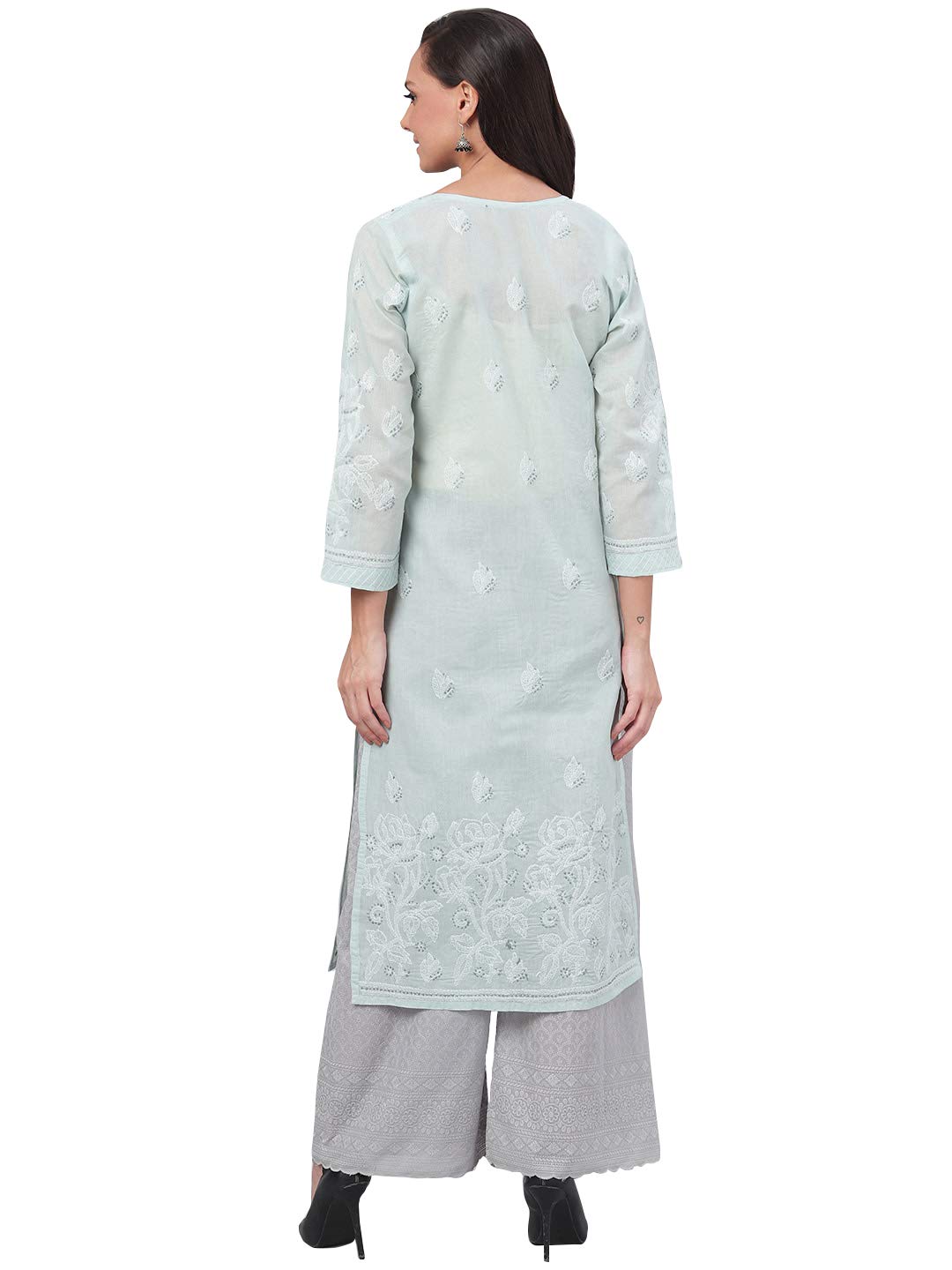 Ada Hand Embroidered Lucknowi Chikankari Straight Cotton Kurti Kurta for Women A220999 White 2XL