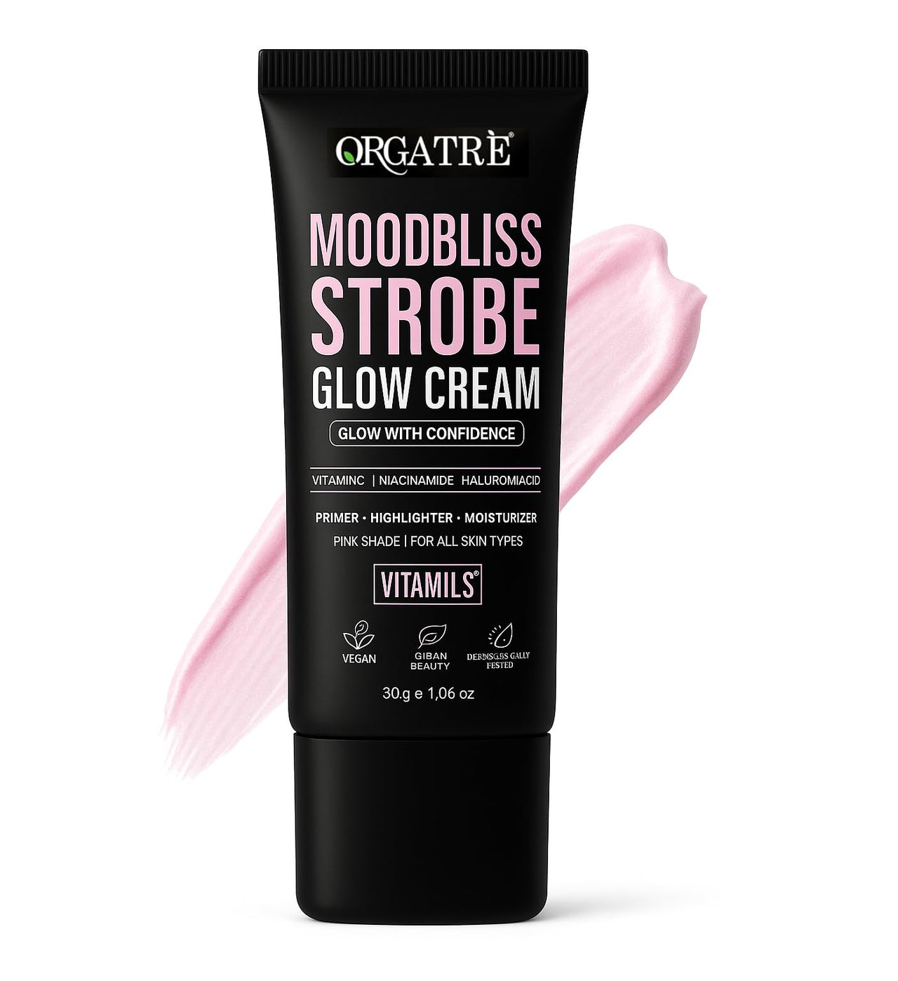 Orgatre Strobe Glow Cream for Instant Face Radiance | Primer Highlighter Moisturizer with Vitamin C, Almond Oil, Niacinamide & Hyaluronic Acid | Makeup Base for Oily Acne-Prone Skin | Pink Shade | 30g