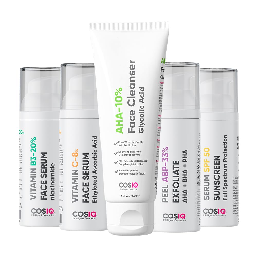 Cos-IQ Complete Kit for Fighting Hyperpigmentation, Glycolic Acid Face Cleanser 100ml, SPF 50 Sunscreen 30ml, Vitamin C-8% Serum, ABP-33% Strong Exfoliating, Niacinamide Vitamin B3-20% Serum, 30ml