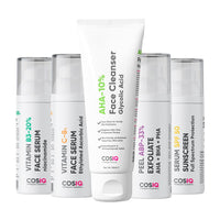 Cos-IQ Complete Kit for Fighting Hyperpigmentation, Glycolic Acid Face Cleanser 100ml, SPF 50 Sunscreen 30ml, Vitamin C-8% Serum, ABP-33% Strong Exfoliating, Niacinamide Vitamin B3-20% Serum, 30ml