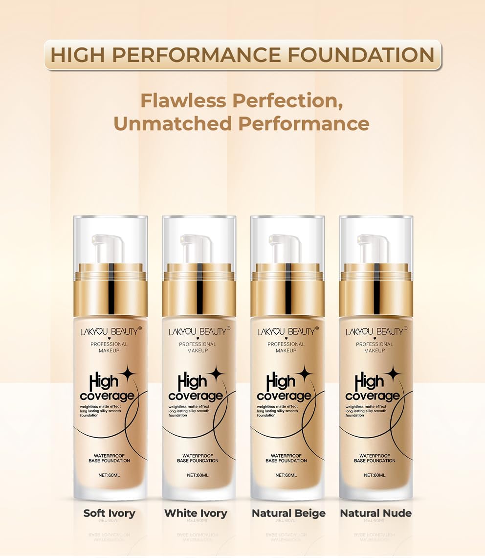 Lakyou Beauty High Coverage Foundation | Lightweight Waterproof Base Makeup | Weightless Matte Effect | Long-Lasting Silky Smooth Finish | 60ml (05(Rich Nude), 60ml)