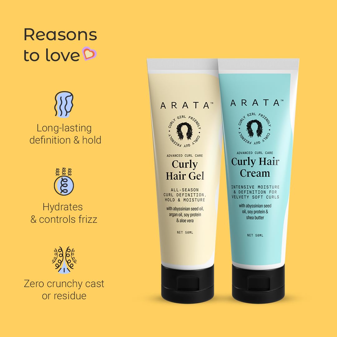 Arata Curl Styling Combo (Mini) - Curl Cream (50ml) + Gel (50ml) For Dry, Frizzy, Wavy, Curly Hair | Reduces Frizz | Moisturises, Hydrates & Defines Curls | Natural Hold | No Sulphate,Paraben,Silicone