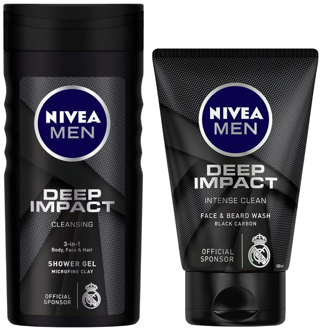 Nivea Men Shower Gel, Deep Impact Cleansing Body Wash, Men, 250ml & Men Face Wash, Deep Impact Intense Clean, 100g