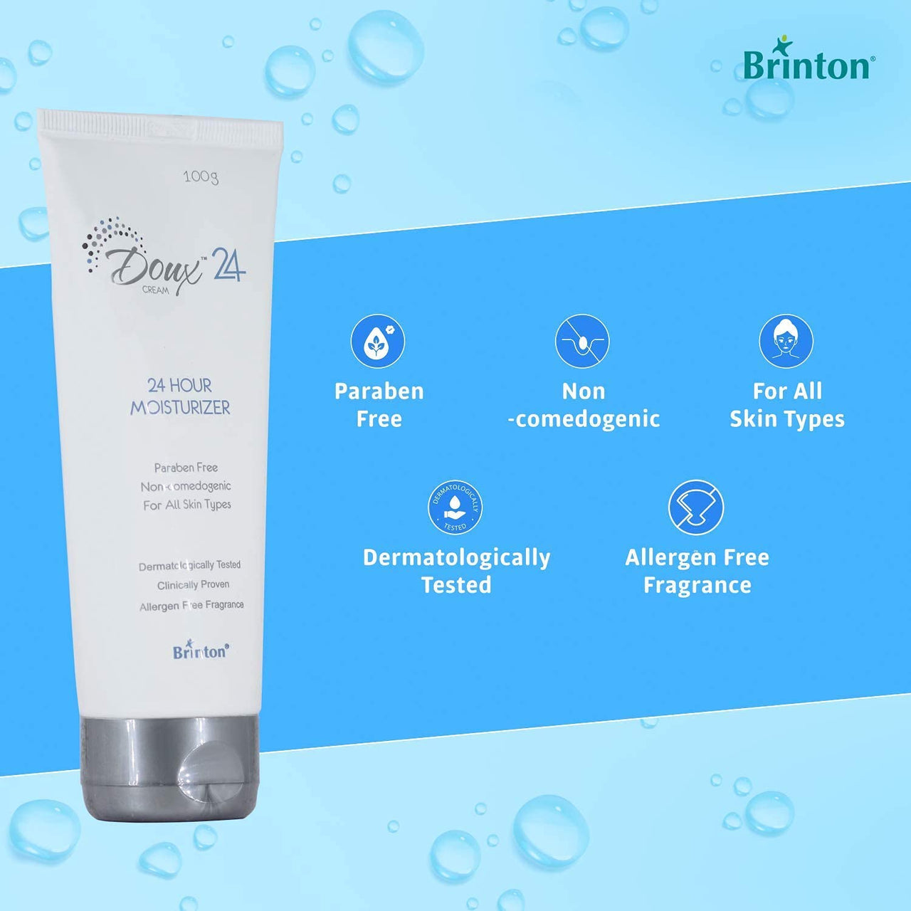 Brinton Doux 24 Hour Moisturizer Cream | Lightweight, Non-Greasy & Non- Irritating | Hydrates & Soothens Skin| Dermatologically Tested | For Men & Women | 100 g x Pack of 3