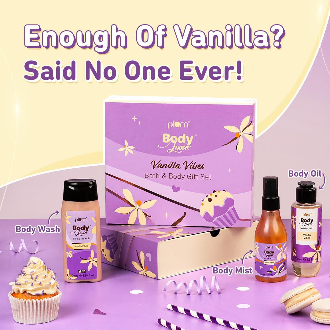 Plum BodyLovin' Vanilla Vibes Bath & Body Gift Set | Body Wash | Body Mist | Body Oil | Long-Lasting Warm Vanilla Fragrance | Gift Set For Women | Gifting For Birthday, Valentine's, Anniversary, Rakhi & Special Occasions| Premium Gift Packaging | Pack Of