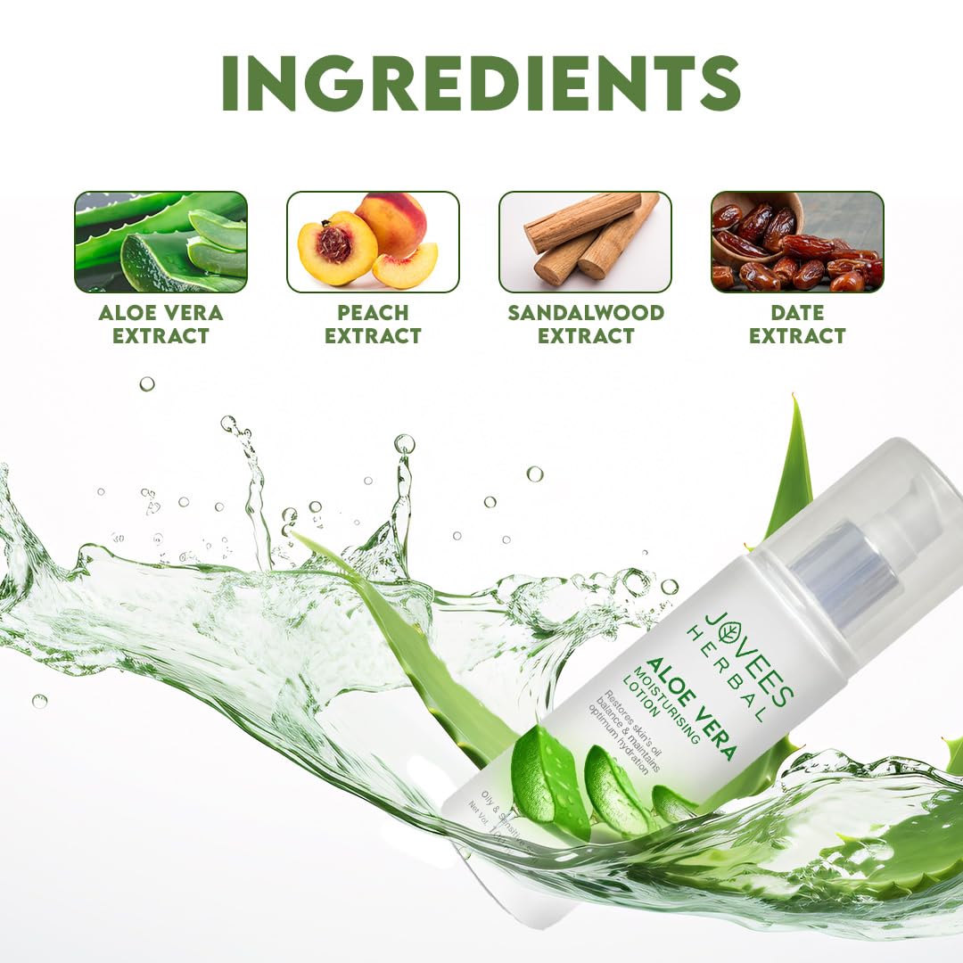 Jovees Herbal Aloe Vera Moisturising Lotion |With Sandal And Peach Extract |Nourishes, Heals and Hydrates Skin | For Oily & Sensitive Skin 100ml