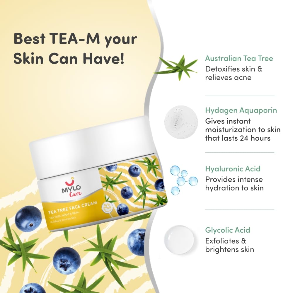 Mylo Care Tea Tree Face Cream 50g with Tea Tree, Neem & Basil Extracts