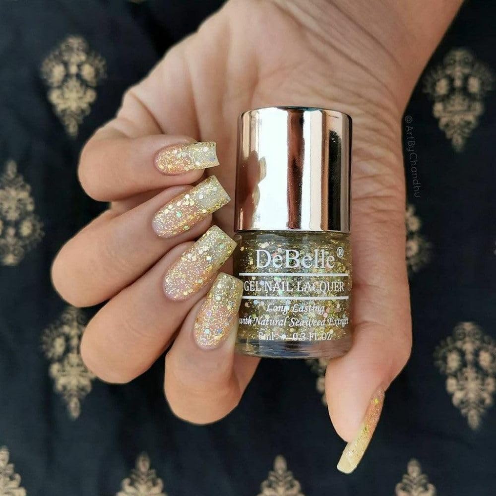 DeBelle Gel Nail Polish Galaxia (Transparent With Different Size Holo Glitter Nail Paint)|Non UV - Gel Finish |Chip Resistant | Seaweed Enriched Formula| Long Lasting|Cruelty and Toxic Free| 8ml