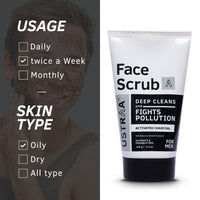 Ustraa Face Wash - Mint Cool - For Dry to Normal Skin - 100g | Reduces Moisture Loss & Activated Charcoal Face Scrub - 100g | with Tahitian Volcanic Sand & Walnut Granules | Fights Blackheads