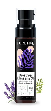 Puretive De-Stress Massage Oil | Full Body Massage Oil for Relaxation & Pain Relief | Ayurvedic Blend with Lavender, Peppermint & Rosemary | Also for Couples I Nourishing & Hydrating Body Oil 100ml