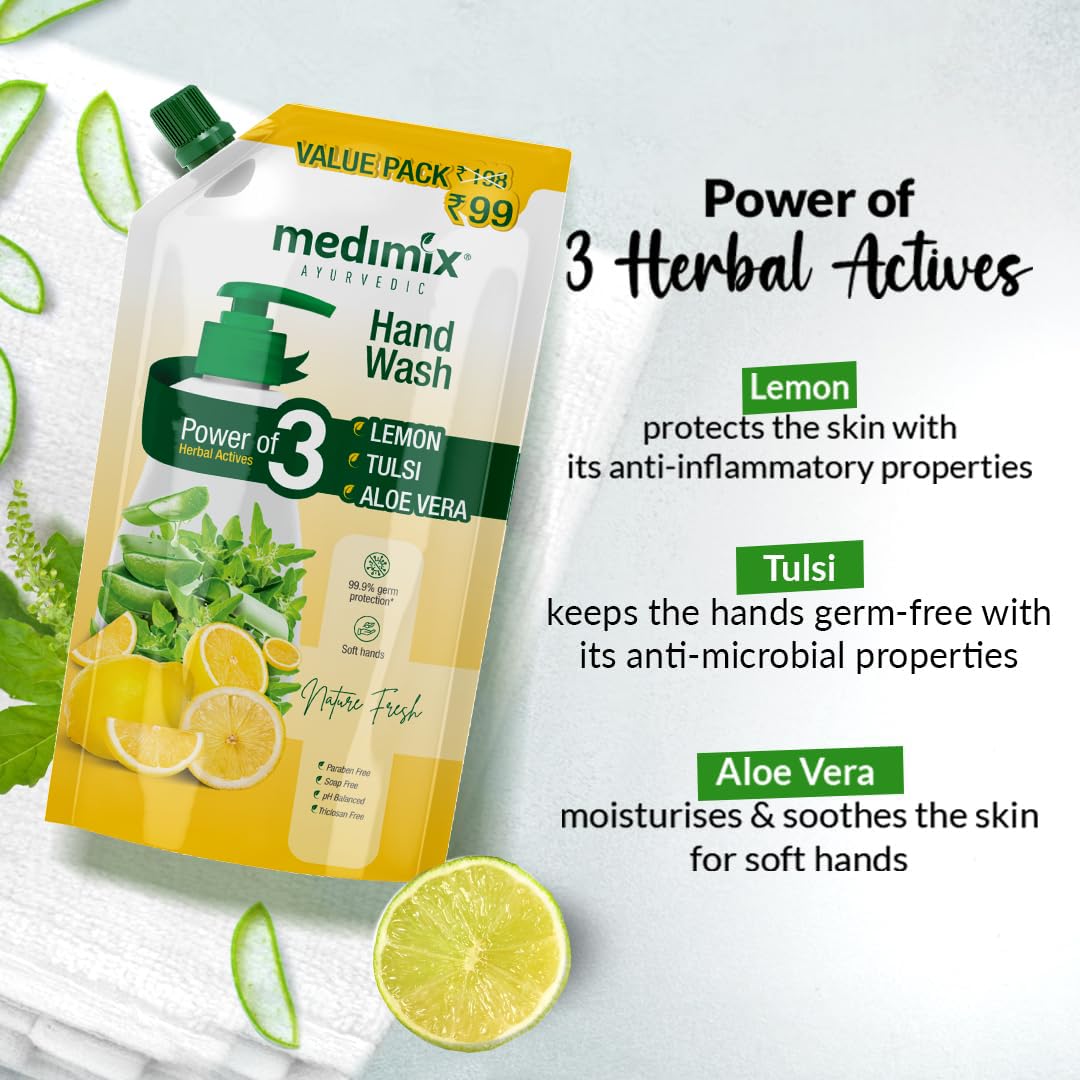 Medimix Ayurvedic Nature Fresh Hand Wash Refill With Lemon, Tulsi & Aloe Vera For Soft & Odour-Free Hands 675ml | 99.9% Germ Protection | Shop Herbal | Natural | Soap-free | 100% Vegan
