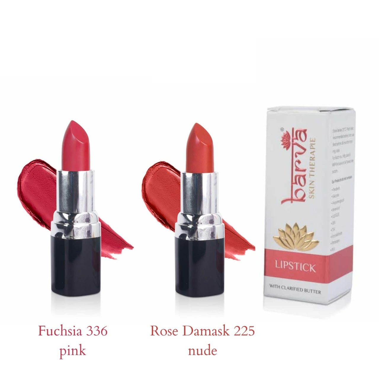Barva Natural & Moisturising Lipsticks made using Clarified Butter, Kokum butter and Mineral Colours, 4.3g (Pack of 2) (Rose Damask 225 & Fuchsia 336)
