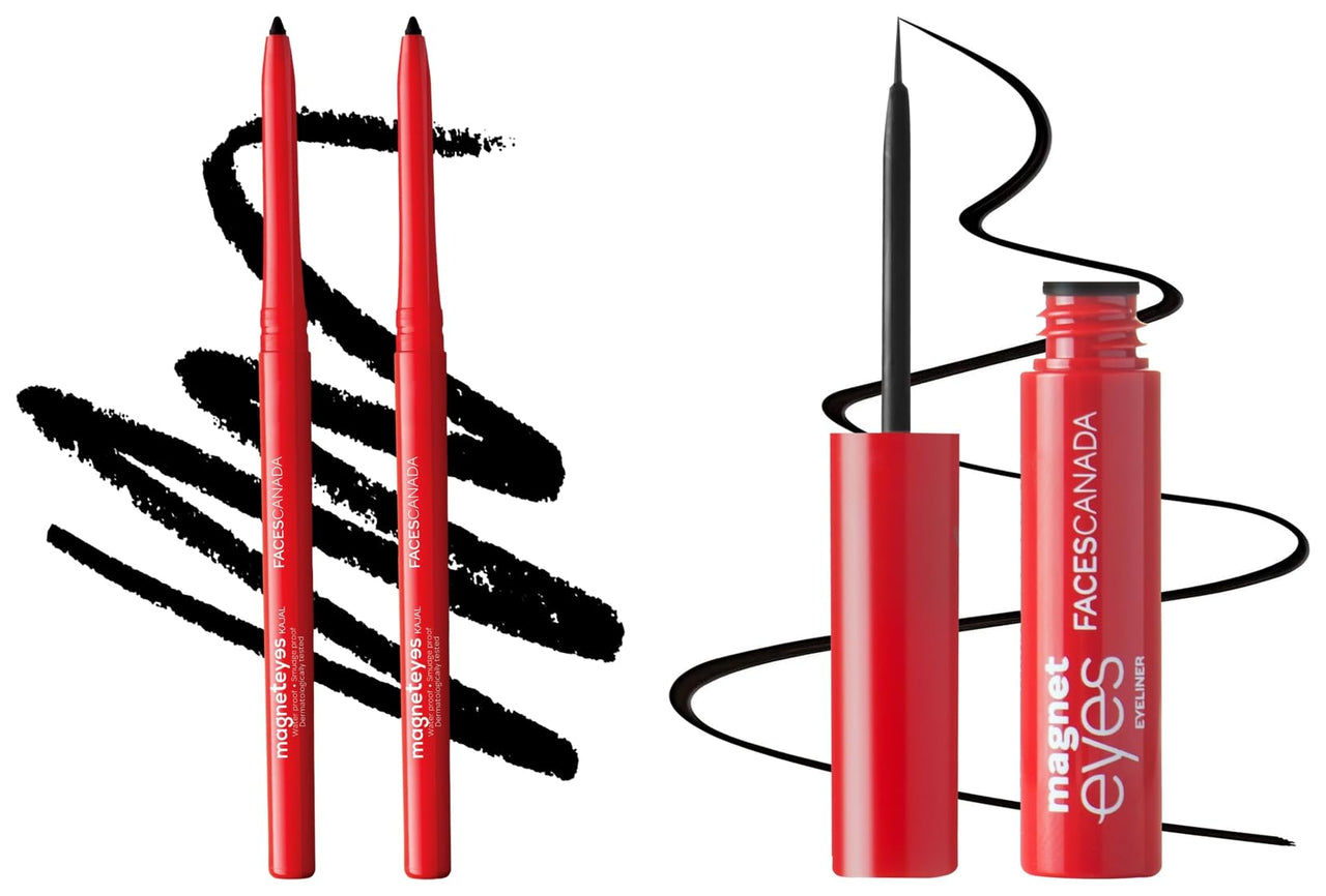 FACESCANADA Magneteyes Metallic Kajal Pencil - Black,0.35G (Pack Of 2) and FACES CANADA Magneteyes Eyeliner - Black, 3.5ml