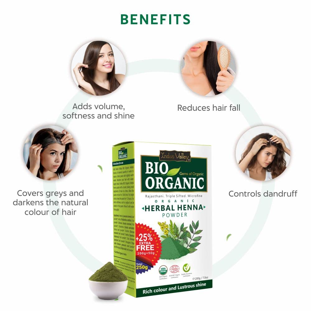 INDUS VALLEY Bio Organic Herbal Henna Powder Rich Colour and Lustrous Shine (200g+50g, Green)