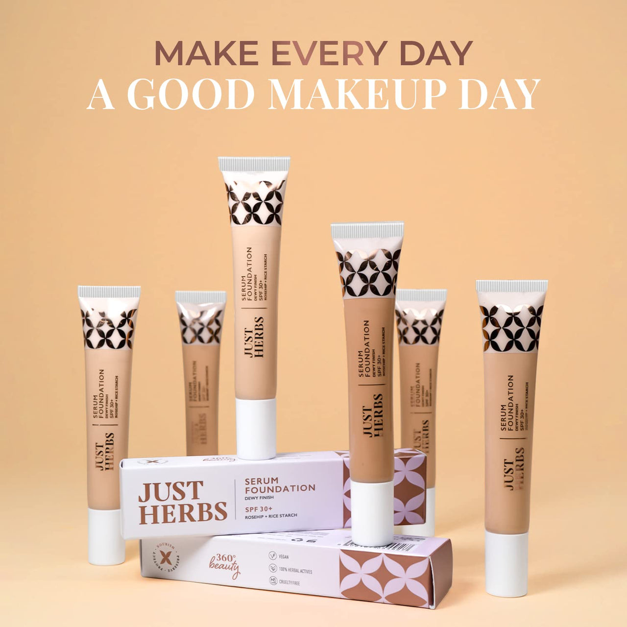 Just Herbs Serum ACNE-PRONE Skin Type Foundation for Face Makeup with SPF30+ Dewy Finish Full Coverage Foundation20 ml (Natural) & Tinted Lip Balm 4 g (Cherry) Combo
