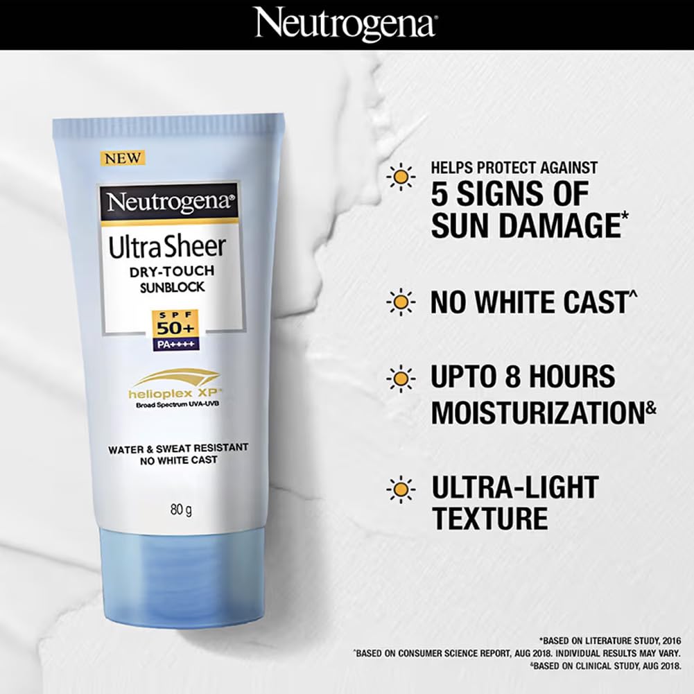 Neutrogena Ultra Sheer Sunscreen SPF 50+ | Broad Spectrum UVA/UVB | Blue light protect | No White Cast | Water resistant, Ultra light & Non sticky | Oily, Dry & Sensitive Skin | 80 g (Pack of 1)