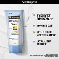 Neutrogena Ultra Sheer Sunscreen SPF 50+ | Broad Spectrum UVA/UVB | Blue light protect | No White Cast | Water resistant, Ultra light & Non sticky | Oily, Dry & Sensitive Skin | 80 g (Pack of 1)