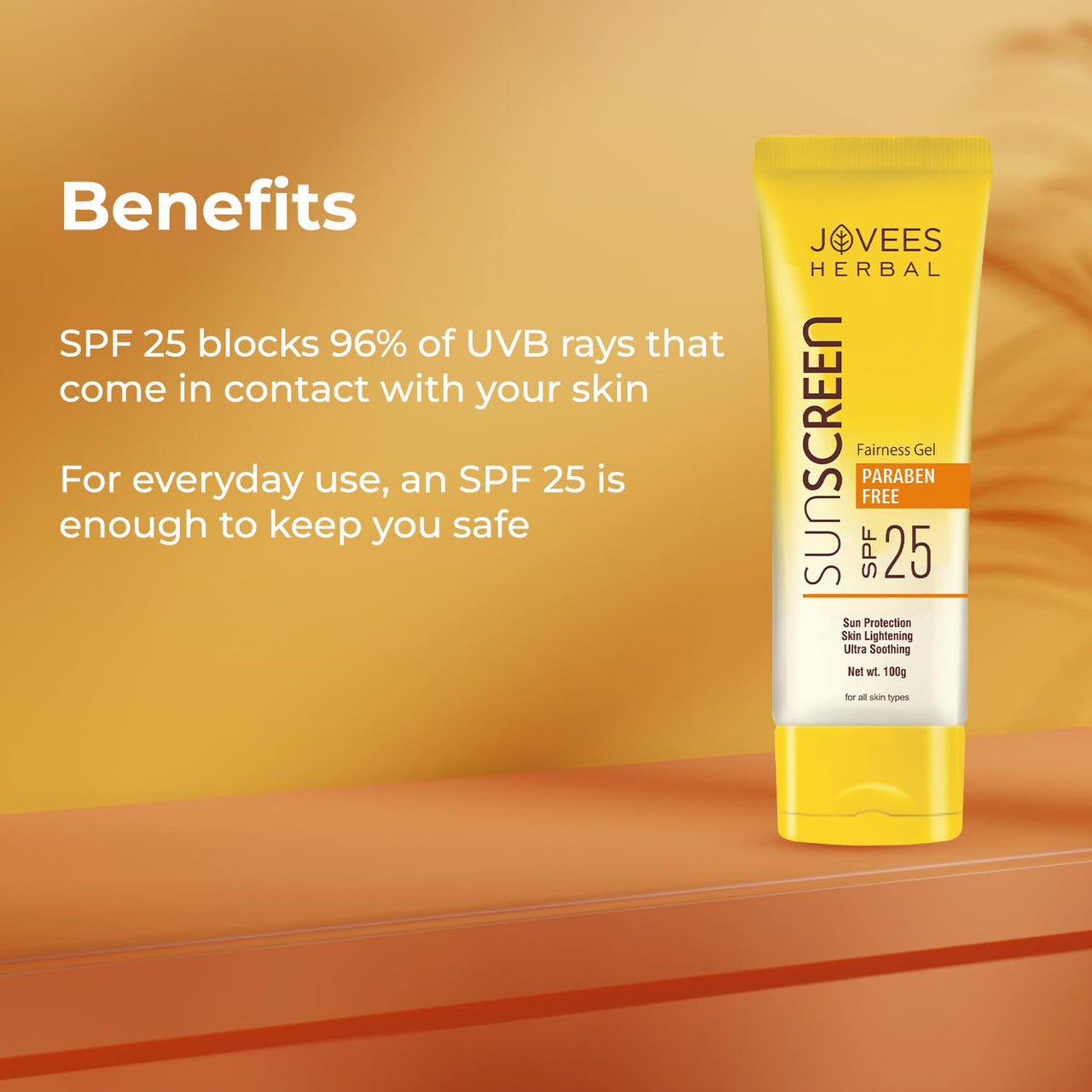 Jovees Herbal Sunscreen Fairness Gel SPF 25 For Tanning & Sun Damage | Oily, Sensitive, Dry Skin | Sunscreen For protect Your Skin with Lightweight & No White Cast Formula | Women/Men 100g
