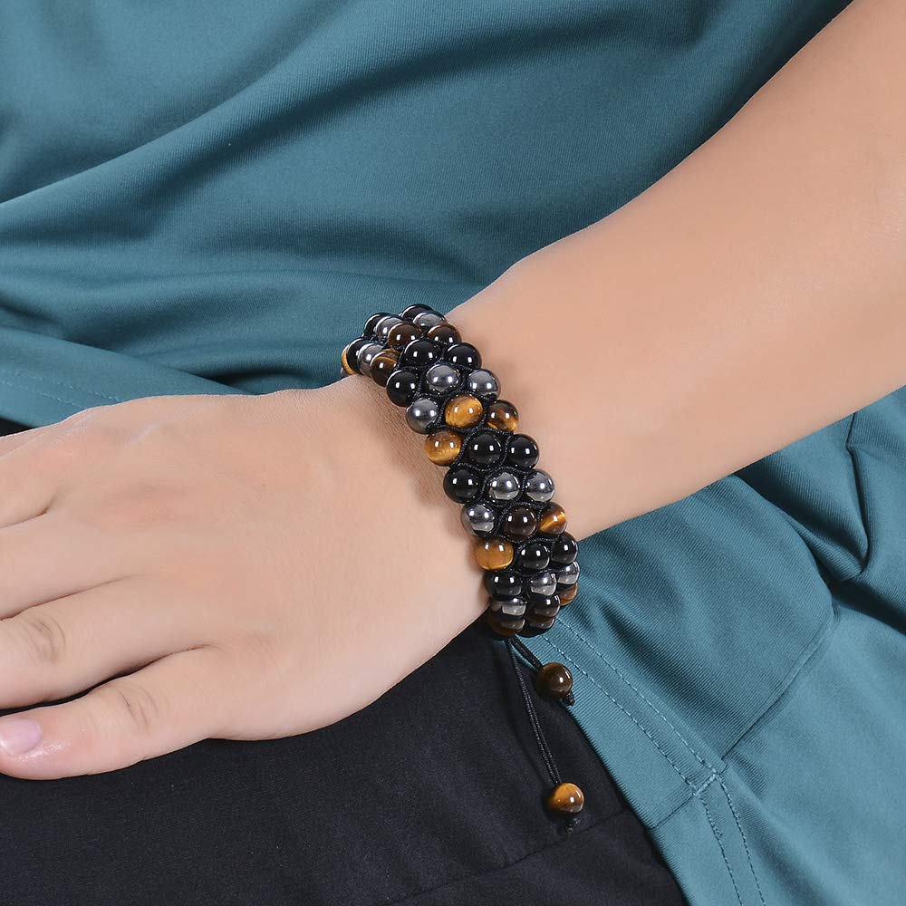 DHQH Triple Protection Bracelet Natural Black Obsidian Tigers Eye Hematite 8-10mm Beads Handmade Bracelet- Healing Crystal Bracelet Bring Luck Prosperity and Happiness F-Three-layer Bracelet