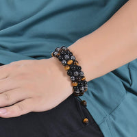 DHQH Triple Protection Bracelet Natural Black Obsidian Tigers Eye Hematite 8-10mm Beads Handmade Bracelet- Healing Crystal Bracelet Bring Luck Prosperity and Happiness F-Three-layer Bracelet