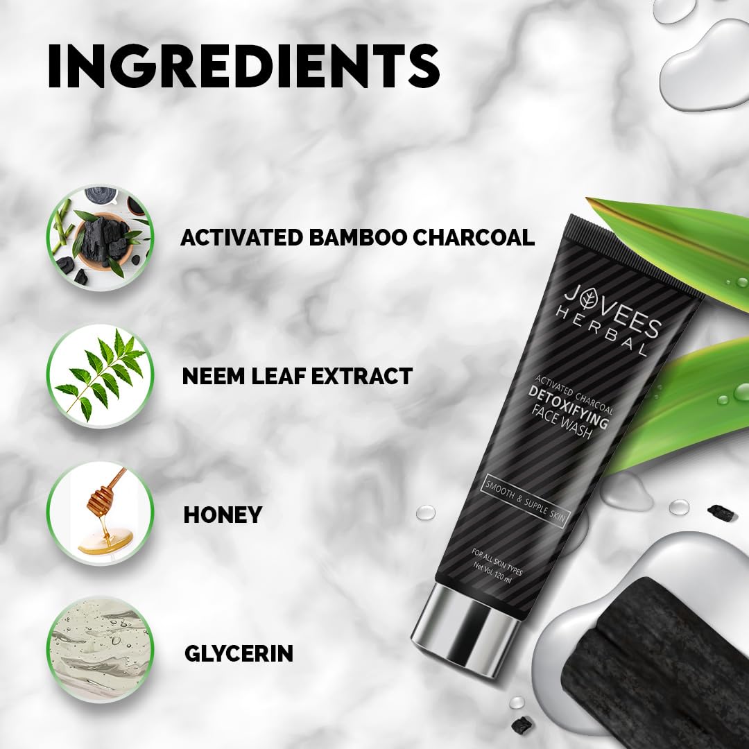 Jovees Herbal Activated Charcoal Detoxifying Face Wash For Smooth & Supple Skin Oily & Acne Prone Skin 120 ML (Pack Of 2)