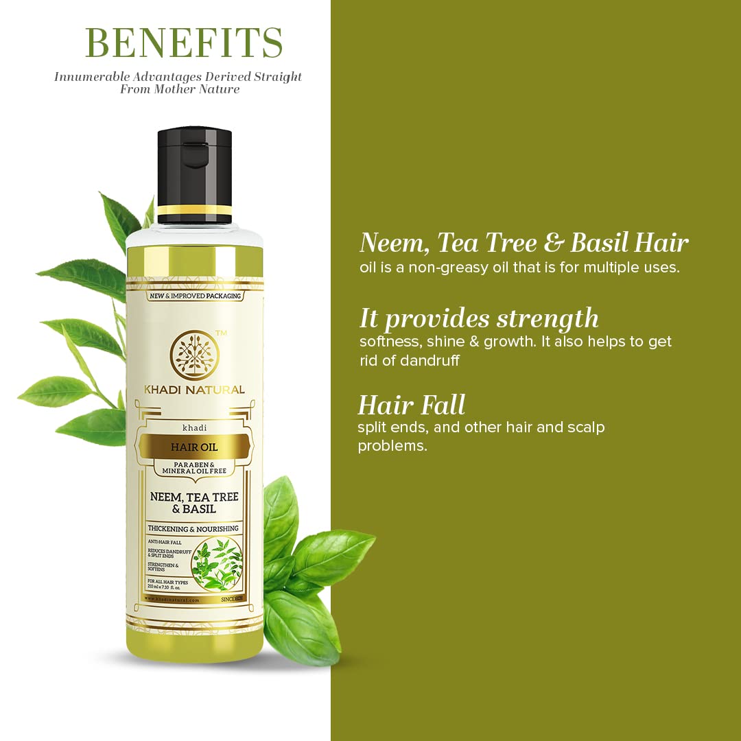 Khadi Natural Neem, Teatree and Basil Herbal Hair Oil, Paraben Mineral Oil Free| Unique non-greasy hair formula| Boosts hair growth and overall hair health| Suitable for All Hair Types| 210ml