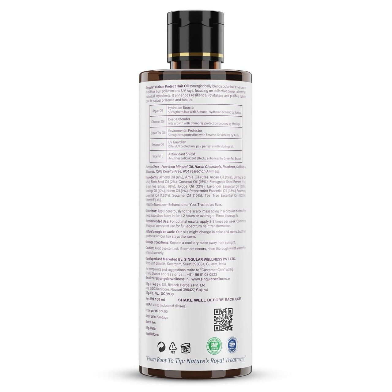 Singular Urban Protect Hair Oil | Anti-Pollution & UV Protection | Repairs Damaged & Frizzy Hair | Natural Cold-Pressed Argan, Coconut, Moringa, Green Tea & Sesame Oil | Lightweight & Non-Sticky - 100 ml